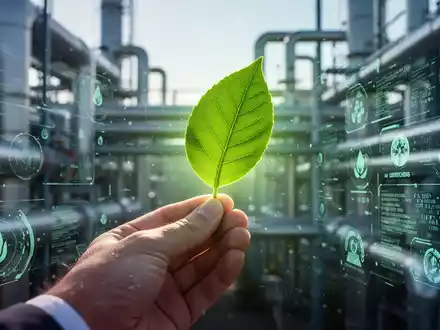 Eine Hand hält ein leuchtend grünes Blatt vor einem unscharfen Hintergrund aus Industriepipelines und digitalen Datenströmen. - Foto: über boerse-global.de