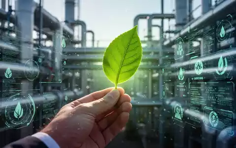 Eine Hand hält ein leuchtend grünes Blatt vor einem unscharfen Hintergrund aus Industriepipelines und digitalen Datenströmen. - Foto: über boerse-global.de