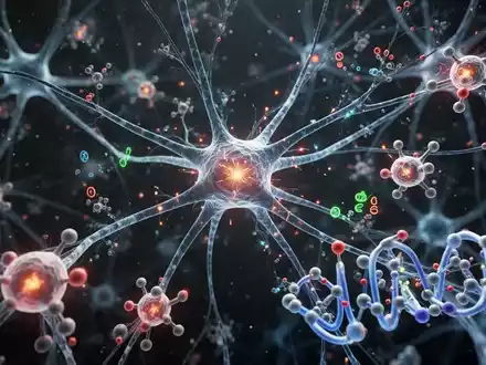 Nahaufnahme eines abstrakten neuronalen Netzwerks mit leuchtenden Verbindungen, das Gehirnalterung und enzymatische Regulation darstellt. - Foto: über boerse-global.de