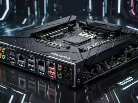 Close-up of a modern black MicroATX motherboard, highlighting its intricate circuitry and design. - Foto: über boerse-global.de