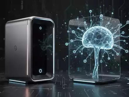 Sleek, dark, compact AI workstation with a vertical blade design, glowing accents, and a holographic neural network projection. - Foto: über boerse-global.de