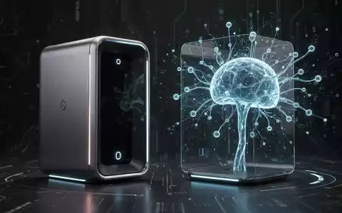 Sleek, dark, compact AI workstation with a vertical blade design, glowing accents, and a holographic neural network projection. - Foto: über boerse-global.de
