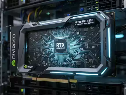 Close-up of an NVIDIA RTX PRO 4500 Blackwell Server Edition GPU card glowing blue within a server rack. - Foto: über boerse-global.de