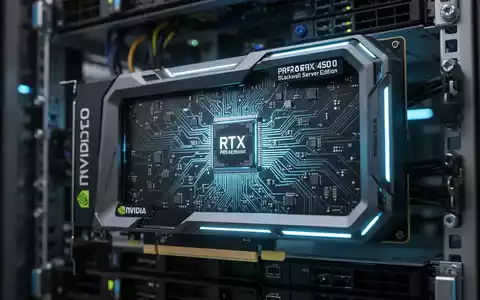 Close-up of an NVIDIA RTX PRO 4500 Blackwell Server Edition GPU card glowing blue within a server rack. - Foto: über boerse-global.de