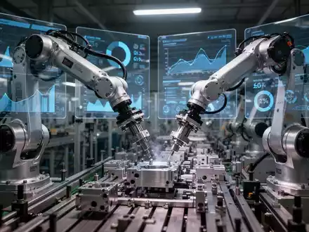 Roboterarme arbeiten an einer Produktionslinie, im Hintergrund sind Bildschirme mit Datenanalysen und Effizienzmetriken zu sehen. - Foto: über boerse-global.de