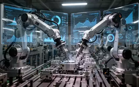 Roboterarme arbeiten an einer Produktionslinie, im Hintergrund sind Bildschirme mit Datenanalysen und Effizienzmetriken zu sehen. - Foto: über boerse-global.de