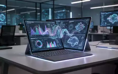 Ein futuristisches Microsoft Surface-Gerät zeigt KI-Oberflächen und Datenvisualisierungen in einem modernen Büro. - Foto: über boerse-global.de