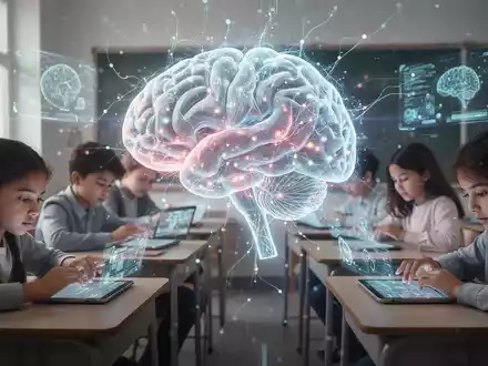 Ein stilisiertes, leuchtendes KI-Gehirn, das über eine Schulklasse projiziert wird, in der Schüler mit Tablets und holografischen Anzeigen interagieren. - Foto: über boerse-global.de