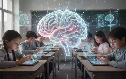 Ein stilisiertes, leuchtendes KI-Gehirn, das über eine Schulklasse projiziert wird, in der Schüler mit Tablets und holografischen Anzeigen interagieren. - Foto: über boerse-global.de