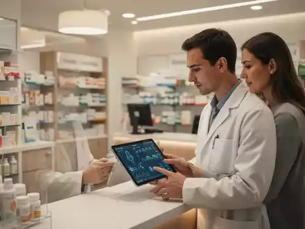 Eine Apothekerin in einem modernen, hellen Apothekeninterieur berät einen Patienten vor einem digitalen Tablet mit medizinischen Informationen. - Foto: über boerse-global.de