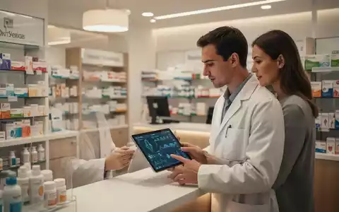 Eine Apothekerin in einem modernen, hellen Apothekeninterieur berät einen Patienten vor einem digitalen Tablet mit medizinischen Informationen. - Foto: über boerse-global.de