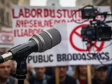 Ein Mikrofon mit einem verschwommenen Hintergrund, der ein Protestschild zeigt, symbolisiert Tarifverhandlungen im öffentlich-rechtlichen Rundfunk. - Foto: über boerse-global.de