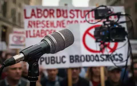 Ein Mikrofon mit einem verschwommenen Hintergrund, der ein Protestschild zeigt, symbolisiert Tarifverhandlungen im öffentlich-rechtlichen Rundfunk. - Foto: über boerse-global.de