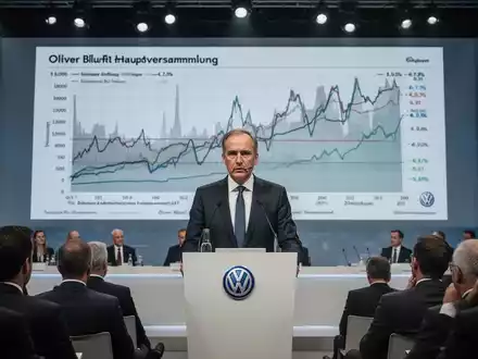 Oliver Blume spricht auf einer Hauptversammlung von Volkswagen vor Investoren, die kritisch zuhören. - Foto: über boerse-global.de