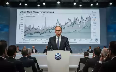 Oliver Blume spricht auf einer Hauptversammlung von Volkswagen vor Investoren, die kritisch zuhören. - Foto: über boerse-global.de