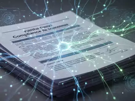Eine futuristische, leuchtende neuronale Netzwerkgrafik überlagert Dokumente, symbolisiert KI-gestützte Compliance-Workflows. - Foto: über boerse-global.de