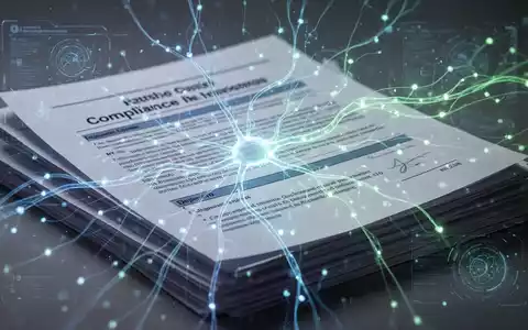 Eine futuristische, leuchtende neuronale Netzwerkgrafik überlagert Dokumente, symbolisiert KI-gestützte Compliance-Workflows. - Foto: über boerse-global.de