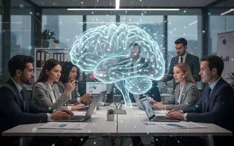 Ein stilisiertes, leuchtendes KI-Gehirn in einem modernen Büro, umgeben von zusammenarbeitenden Fachkräften, symbolisiert Innovation im HR. - Foto: über boerse-global.de