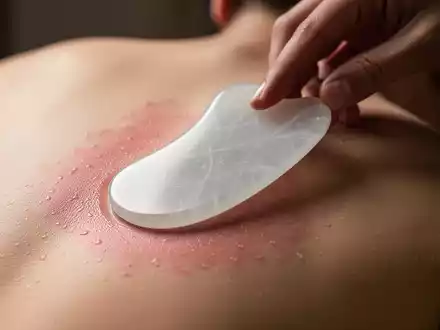 Nahaufnahme eines Gua Sha Werkzeugs, das sanft über die Haut eines Rückens gleitet und leichte Rötungen erzeugt. - Foto: über boerse-global.de