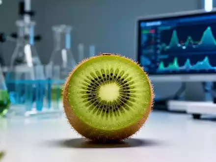 Eine aufgeschnittene grüne Kiwi mit unscharfem Hintergrund aus Laborgeräten und digitalen Daten, die Forschung und Gesundheit symbolisieren. - Foto: über boerse-global.de