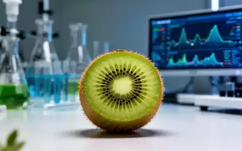 Eine aufgeschnittene grüne Kiwi mit unscharfem Hintergrund aus Laborgeräten und digitalen Daten, die Forschung und Gesundheit symbolisieren. - Foto: über boerse-global.de