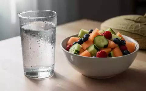 Ein Glas Wasser und eine Schale mit frischem Obstsalat auf einem Holztisch, im sanften Licht. - Foto: über boerse-global.de
