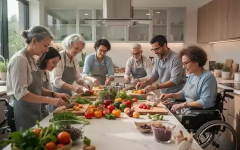 Eine vielfältige Gruppe von Menschen, einige mit Behinderungen, arbeitet zusammen in einer modernen, inklusiven Küche mit frischen Zutaten. - Foto: über boerse-global.de