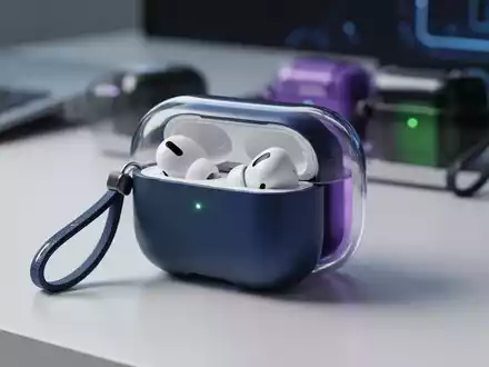 A close-up of a modern AirPods Pro 3 case, highlighting its magnetic lid and carrying strap. The case is one of four color variants. - Foto: über boerse-global.de