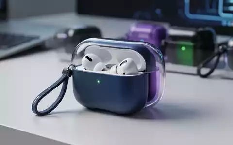 A close-up of a modern AirPods Pro 3 case, highlighting its magnetic lid and carrying strap. The case is one of four color variants. - Foto: über boerse-global.de