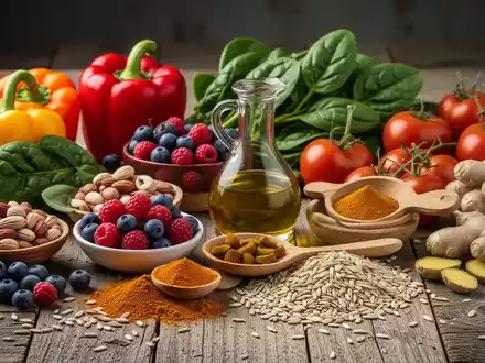 Eine Stillleben-Anordnung mediterraner Lebensmittel wie Gemüse, Obst, Nüsse und Gewürze auf einem Holztisch, beleuchtet mit filmischem Licht. - Foto: über boerse-global.de