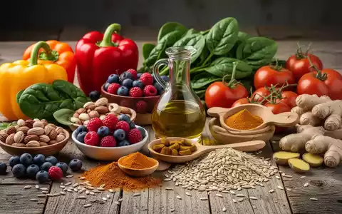 Eine Stillleben-Anordnung mediterraner Lebensmittel wie Gemüse, Obst, Nüsse und Gewürze auf einem Holztisch, beleuchtet mit filmischem Licht. - Foto: über boerse-global.de