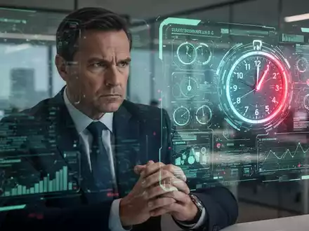Ein besorgt aussehender Manager blickt auf eine holografische Anzeige mit Cybersicherheitsdaten und einem Countdown. - Foto: über boerse-global.de