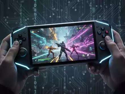 A sleek, futuristic gaming handheld console displaying vibrant graphics, held by hands against a backdrop of circuit board patterns. - Foto: über boerse-global.de