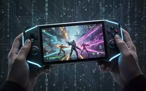 A sleek, futuristic gaming handheld console displaying vibrant graphics, held by hands against a backdrop of circuit board patterns. - Foto: über boerse-global.de