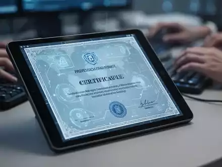 Ein Tablet zeigt ein digitales Zertifikat, im Hintergrund tippen Hände auf Tastaturen, symbolisiert die Digitalisierung der Bildung. - Foto: über boerse-global.de