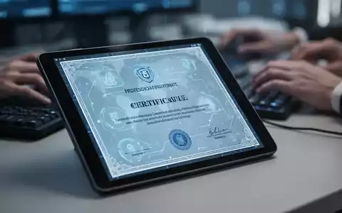 Ein Tablet zeigt ein digitales Zertifikat, im Hintergrund tippen Hände auf Tastaturen, symbolisiert die Digitalisierung der Bildung. - Foto: über boerse-global.de