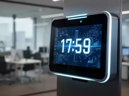 Eine moderne Zeiterfassungsuhr oder ein biometrischer Scanner mit digitaler Anzeige in einem Büro, symbolisiert Arbeitszeiterfassung. - Foto: über boerse-global.de