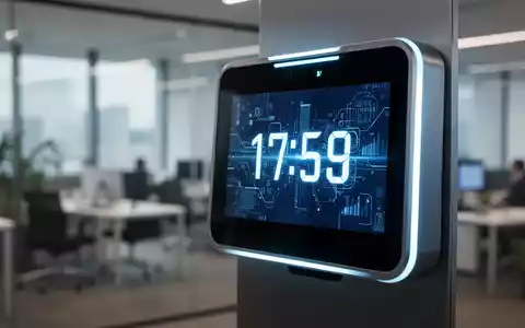 Eine moderne Zeiterfassungsuhr oder ein biometrischer Scanner mit digitaler Anzeige in einem Büro, symbolisiert Arbeitszeiterfassung. - Foto: über boerse-global.de