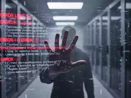 A digital interface with glitching error messages and broken code, with a blurred data center in the background, symbolizing technical disruption. - Foto: über boerse-global.de
