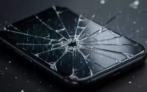 A close-up of a smartphone with a shattered screen, reflecting lines of binary code, symbolizing a critical security flaw. - Foto: über boerse-global.de