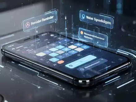 A smartphone displaying a holographic calendar and reminders interface with AI elements, symbolizing digital productivity and integration. - Foto: über boerse-global.de
