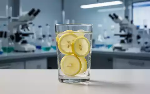Ein Glas Zitronenwasser mit Zitronenscheiben auf einem Tisch, im Hintergrund verschwommen eine Forschungsumgebung. - Foto: über boerse-global.de