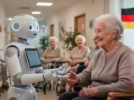 A social robot gently interacts with an elderly German senior in a modern care facility, symbolizing technology aiding senior care. - Foto: über boerse-global.de