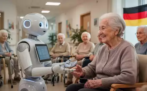 A social robot gently interacts with an elderly German senior in a modern care facility, symbolizing technology aiding senior care. - Foto: über boerse-global.de