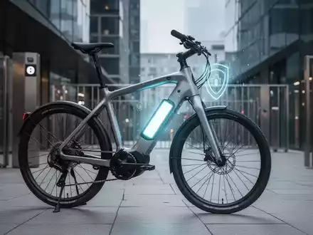 Ein elegantes E-Bike steht in einer sicheren, modernen Stadtumgebung mit einem subtilen digitalen Leuchten, das Konnektivität symbolisiert. - Foto: über boerse-global.de