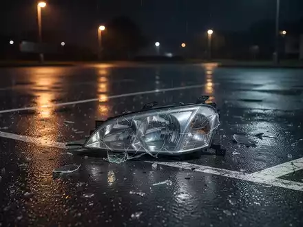 Ein leerer Parkplatz bei Nacht mit einem einzelnen, zerbrochenen Autoscheinwerfer auf nassem Asphalt. Symbolisiert Autodiebstahl und Betrug. - Foto: über boerse-global.de
