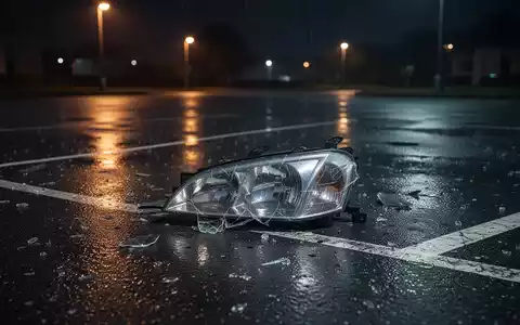 Ein leerer Parkplatz bei Nacht mit einem einzelnen, zerbrochenen Autoscheinwerfer auf nassem Asphalt. Symbolisiert Autodiebstahl und Betrug. - Foto: über boerse-global.de