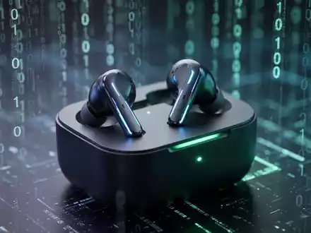 Sleek wireless earbuds on a charging case, illuminated by blue and green light, with a blurred background of data streams. - Foto: über boerse-global.de