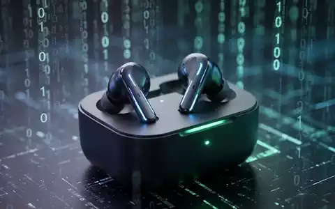 Sleek wireless earbuds on a charging case, illuminated by blue and green light, with a blurred background of data streams. - Foto: über boerse-global.de
