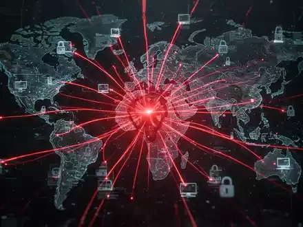 A glowing red network diagram illustrating a global cyberattack, with data breaches impacting devices across continents. - Foto: über boerse-global.de